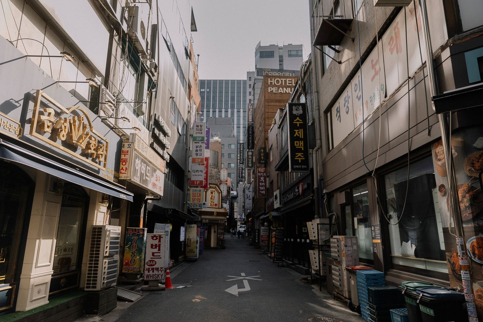 A quiet alley in Seoul showcasing urban architecture and Korean signage.